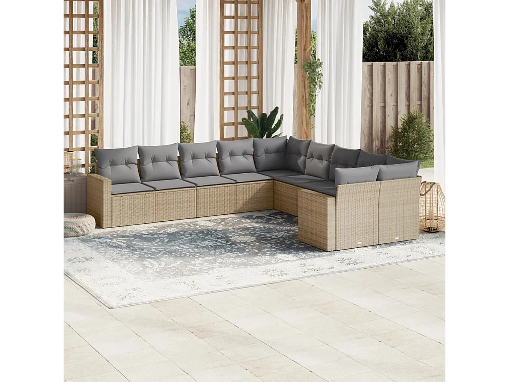 Mobile da giardino con cuscini 10 pz in resina intrecciata beige