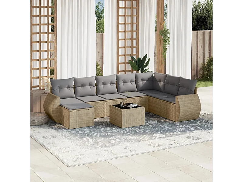 Muebles de jardín con cojines 9 piezas resina tejida beige