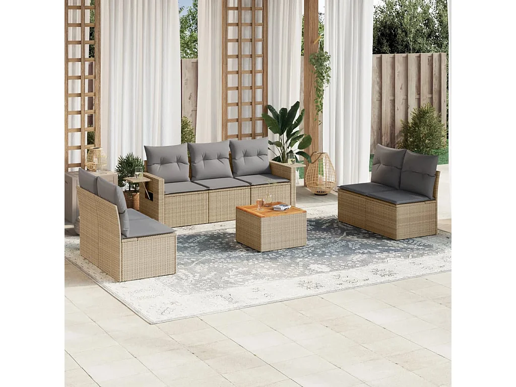 Salon de jardin avec coussins 8 pcs beige résine tressée