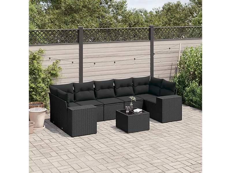 Salon de jardin 8 pcs avec coussins noir résine tressée