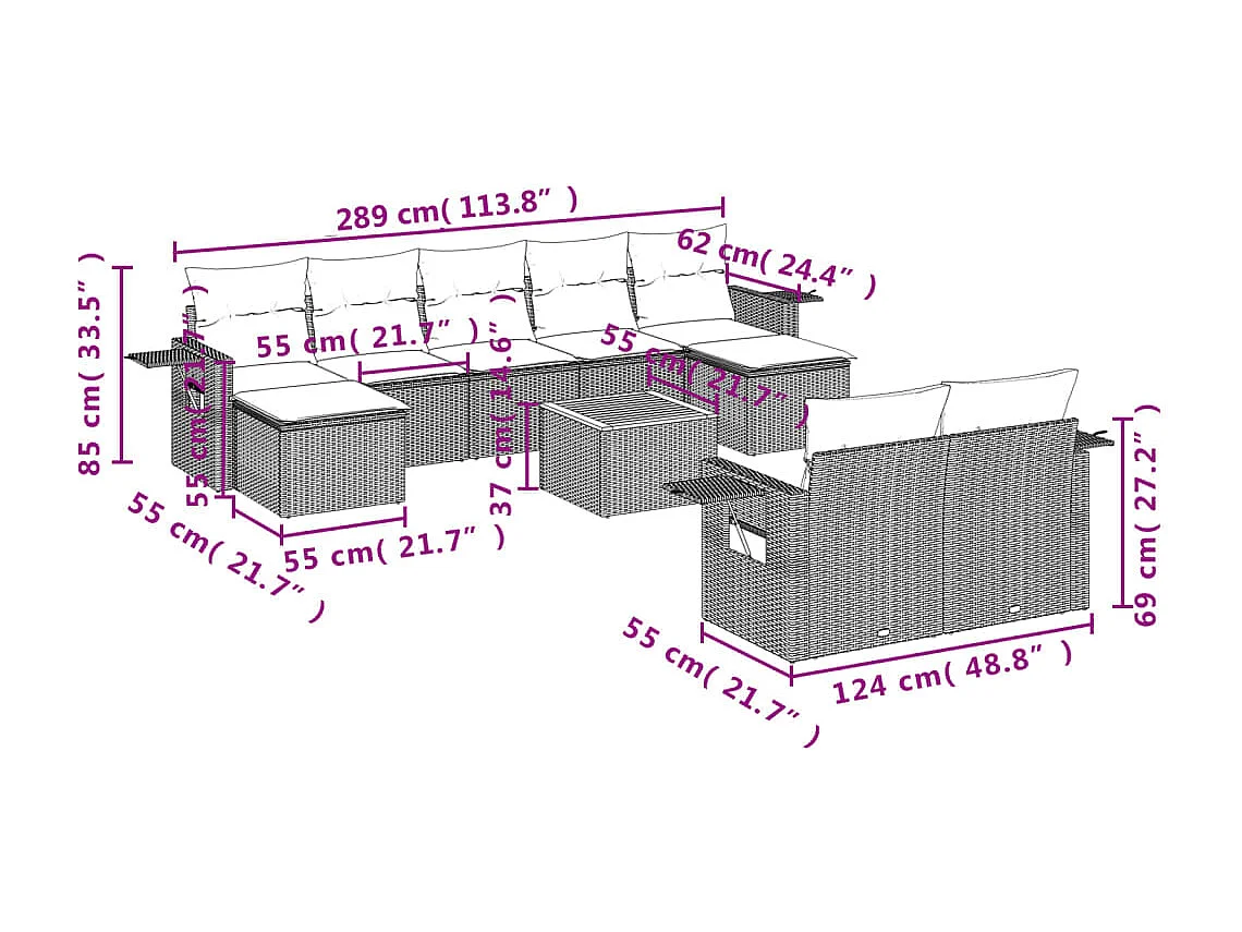 Mobili da giardino 10 pezzi con cuscini in resina intrecciata nera