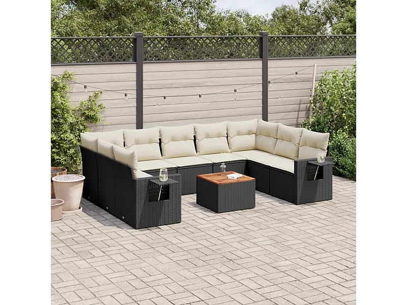 Salon de jardin 10 pcs avec coussins noir résine tressée