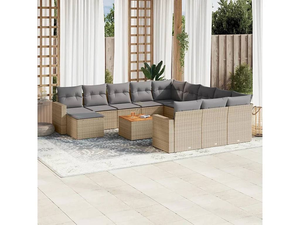 Salon de jardin avec coussins 13 pcs beige résine tressée