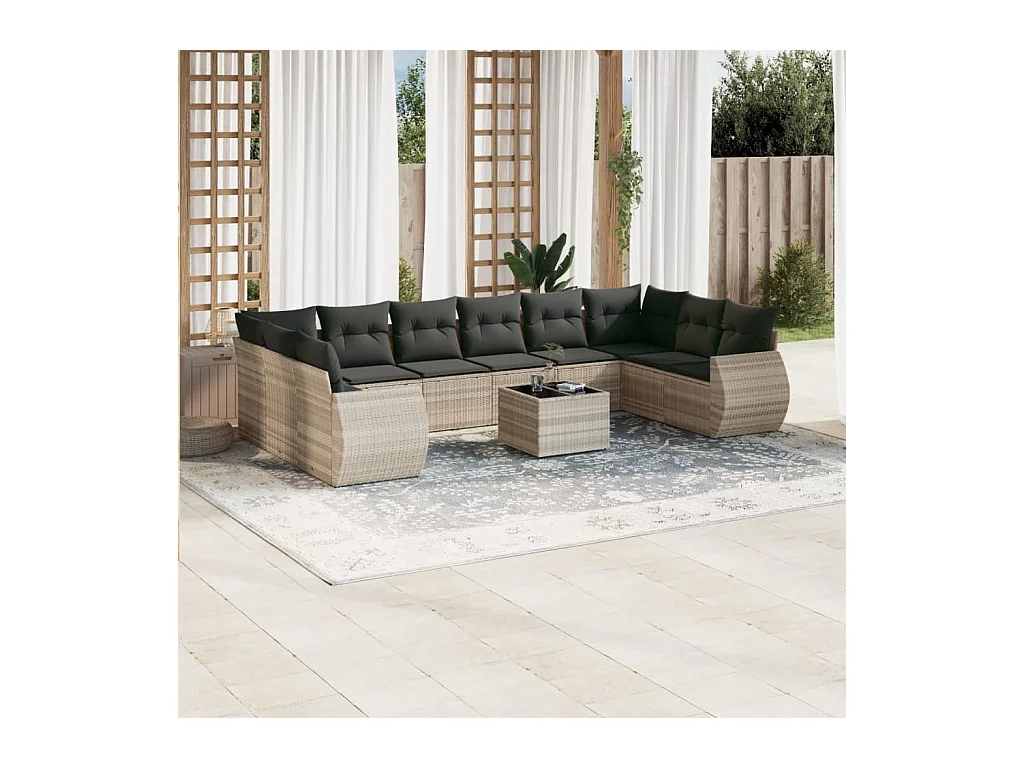 Mobili da giardino 11 pezzi con cuscini in resina intrecciata grigio chiaro