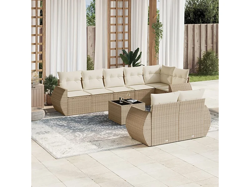 Mobile da giardino con cuscini 9 pz in resina intrecciata beige