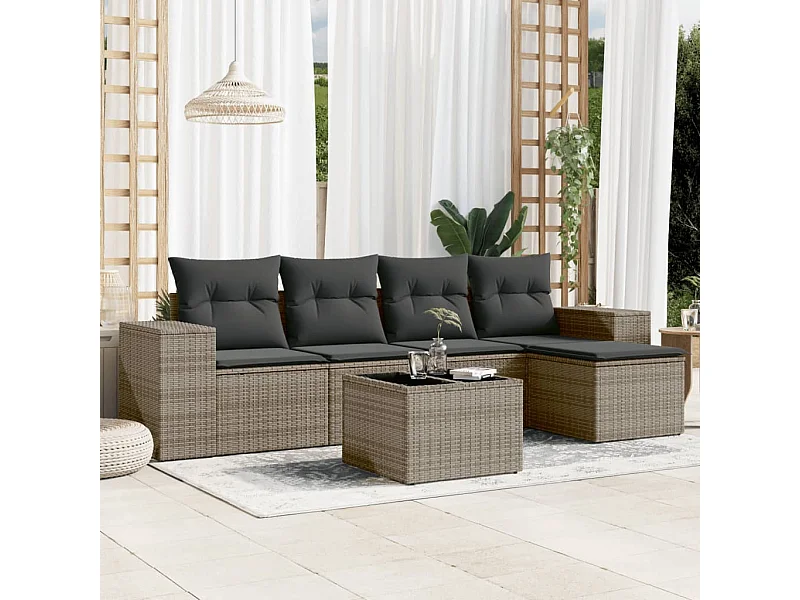 Muebles de jardín de 6 piezas con cojines de resina tejida gris.