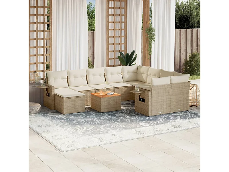 Salon de jardin 11 pcs avec coussins beige résine tressée