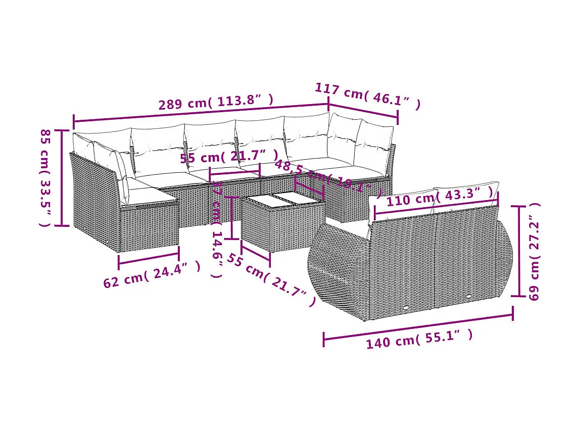 Muebles de jardín 10 piezas con cojines de resina tejida negra.