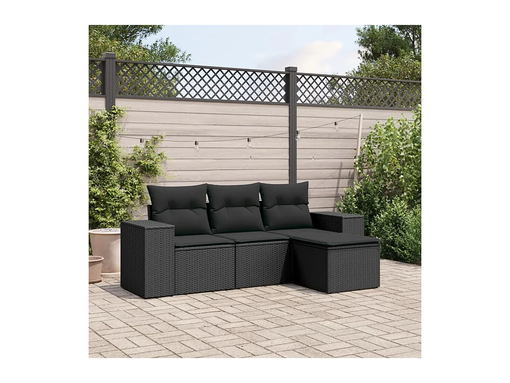 Salon de jardin 4 pcs avec coussins noir résine tressée