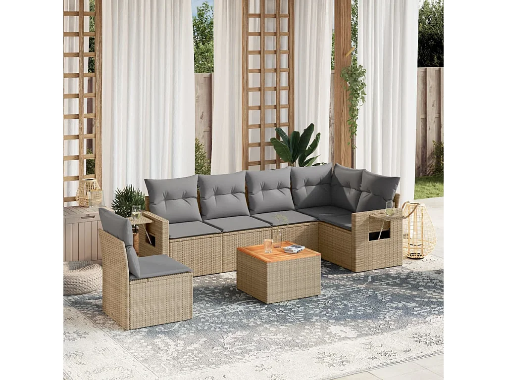 Mobile da giardino con cuscini 7 pz in resina intrecciata beige