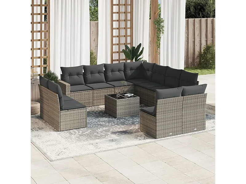 Salon de jardin avec coussins 12 pcs gris résine tressée