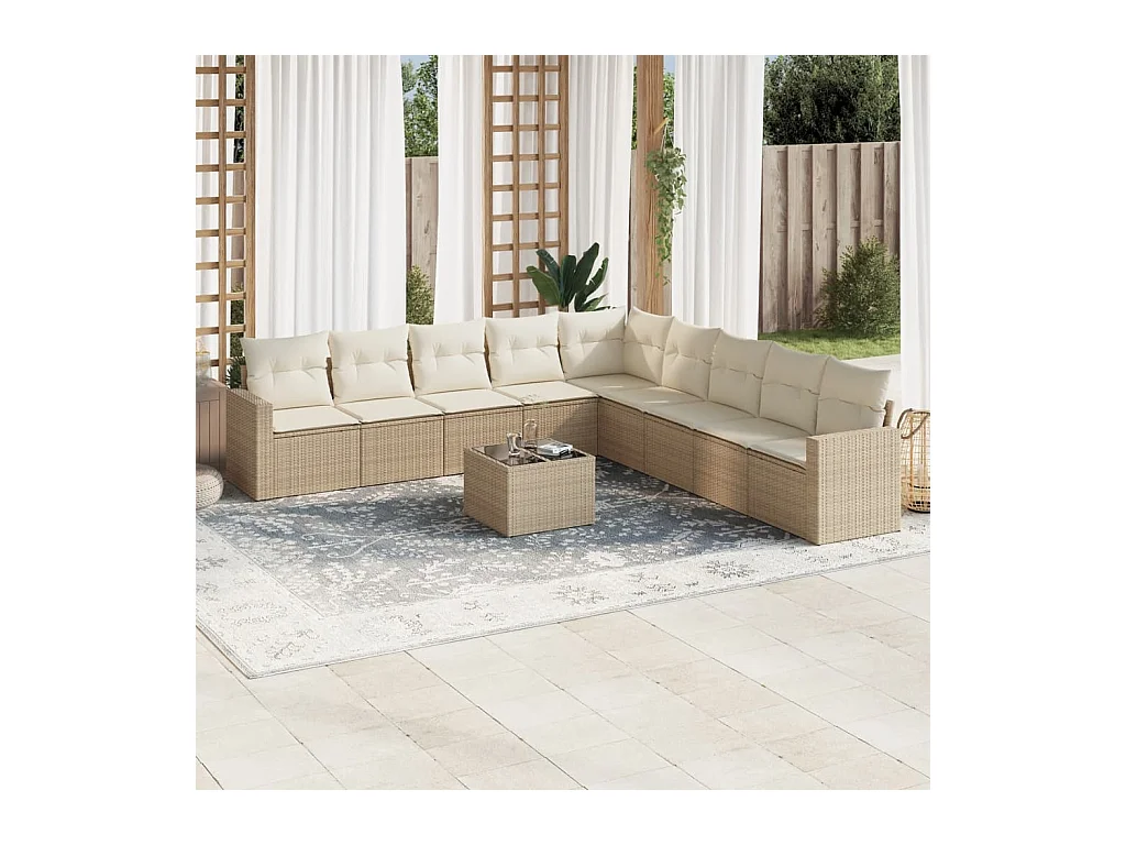Salon de jardin avec coussins 10 pcs beige résine tressée