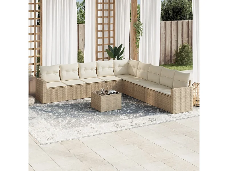 Salon de jardin avec coussins 10 pcs beige résine tressée