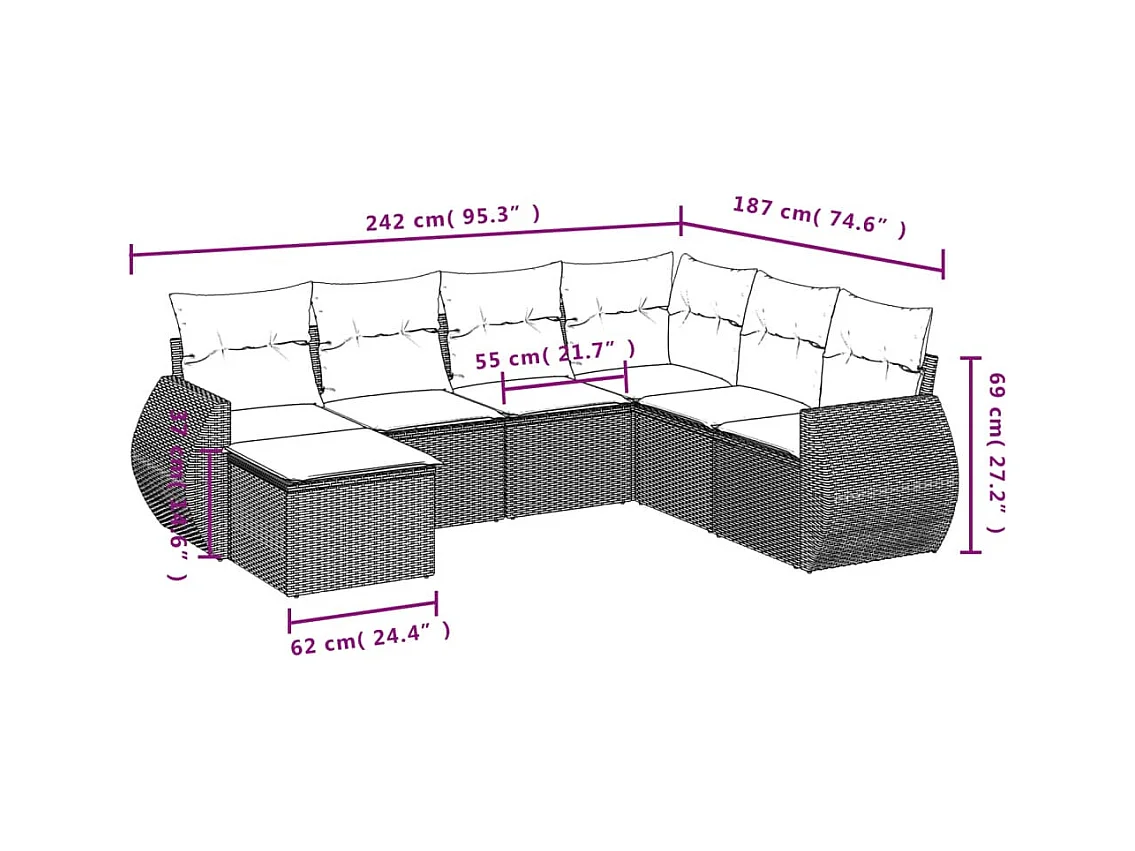 Muebles de jardín con cojines 7 piezas resina tejida gris.