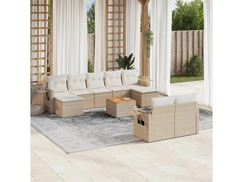 Mobile da giardino con cuscini 10 pz in resina intrecciata beige