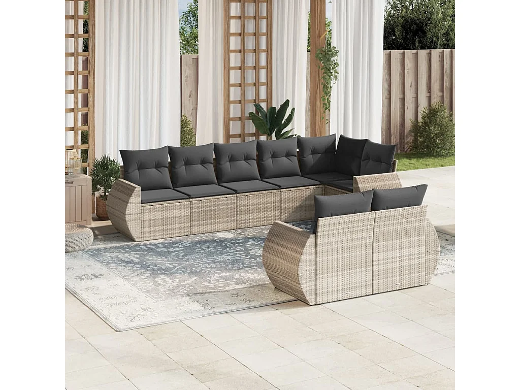 Mobili da giardino 8 pezzi con cuscini in resina intrecciata grigio chiaro