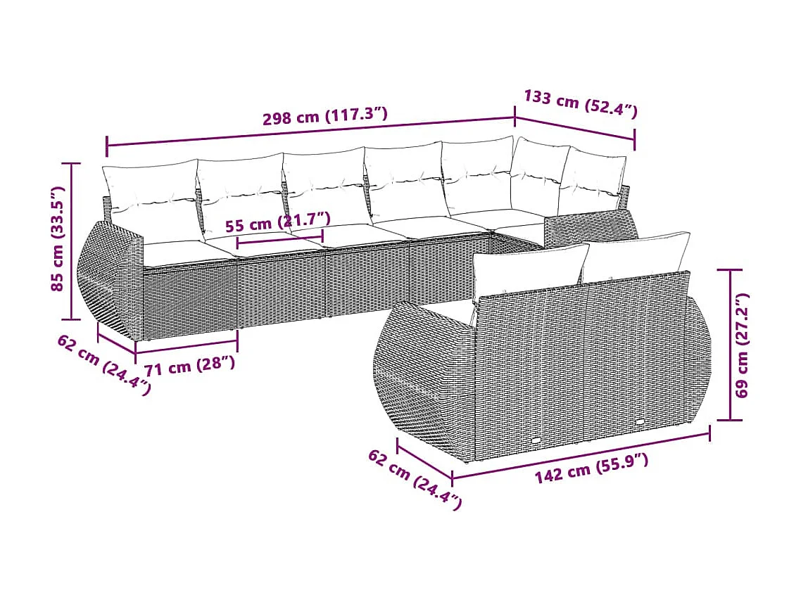 Mobili da giardino 8 pezzi con cuscini in resina intrecciata grigio chiaro