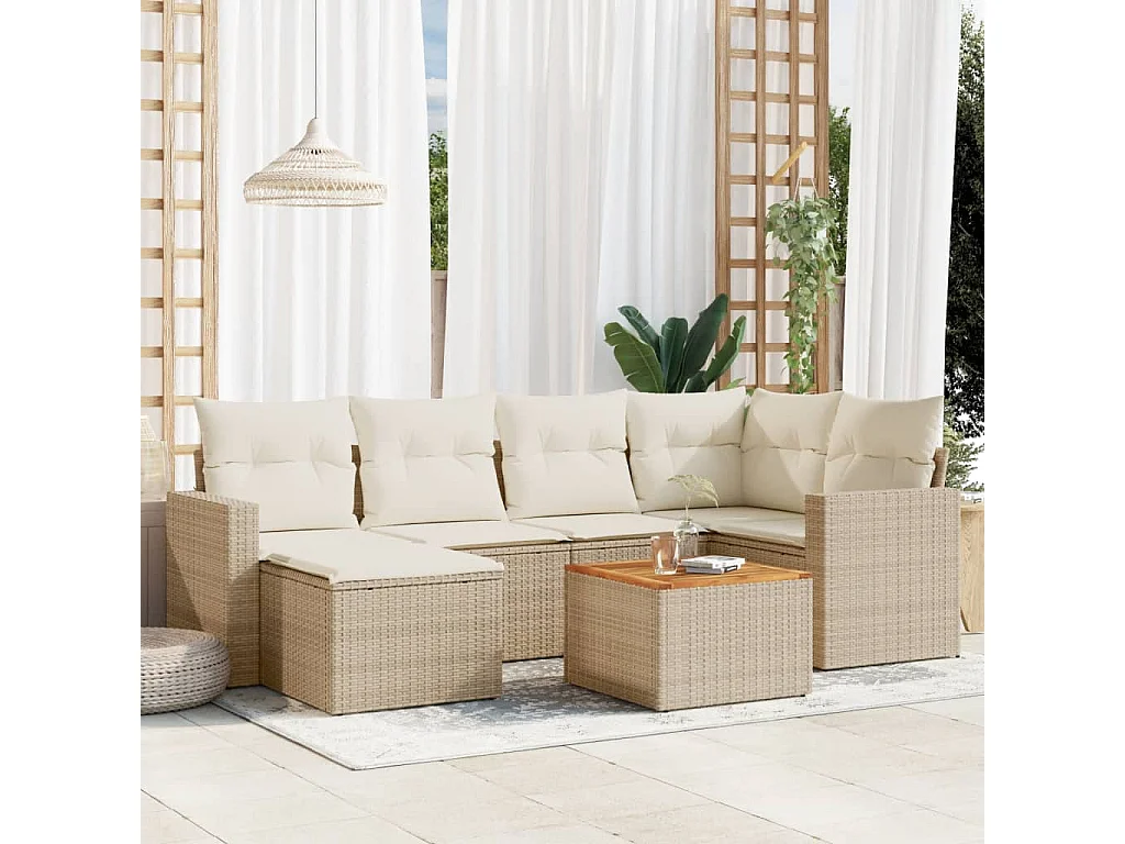Salon de jardin avec coussins 7 pcs beige résine tressée