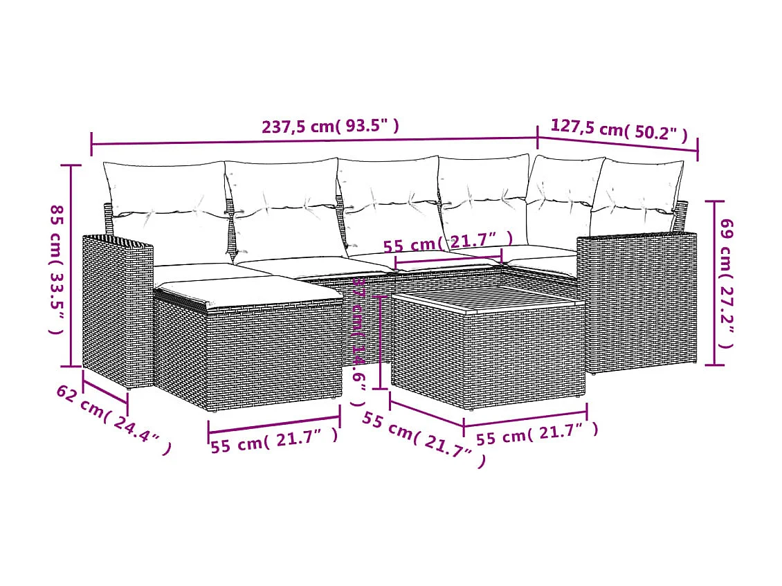 Salon de jardin avec coussins 7 pcs beige résine tressée
