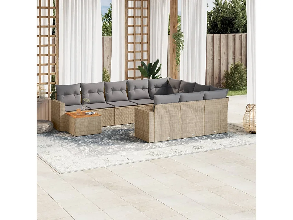 Mobili da giardino 11 pezzi con cuscini in resina intrecciata beige