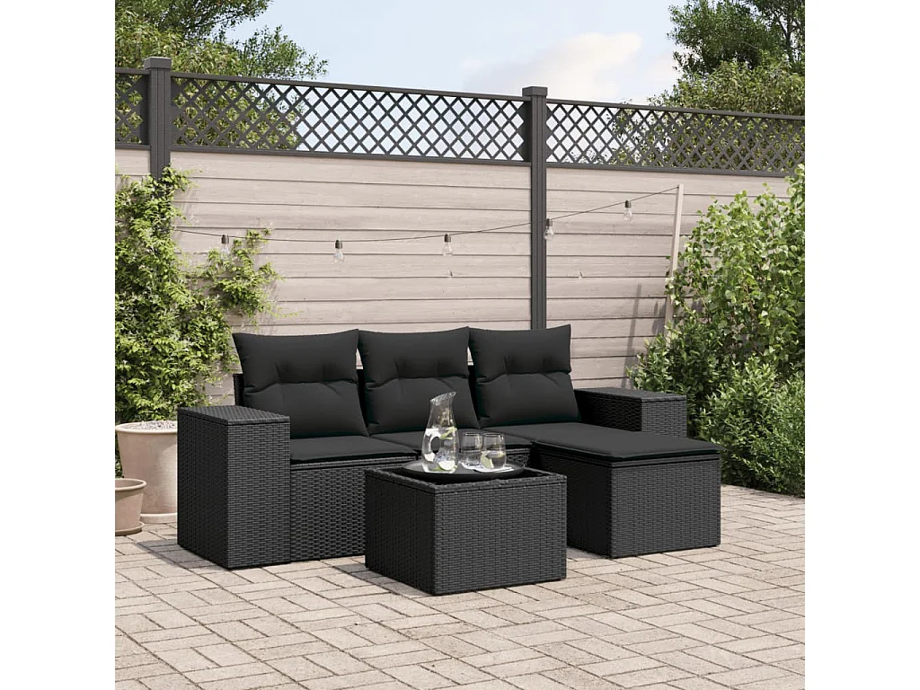 Salon de jardin 5 pcs avec coussins noir résine tressée