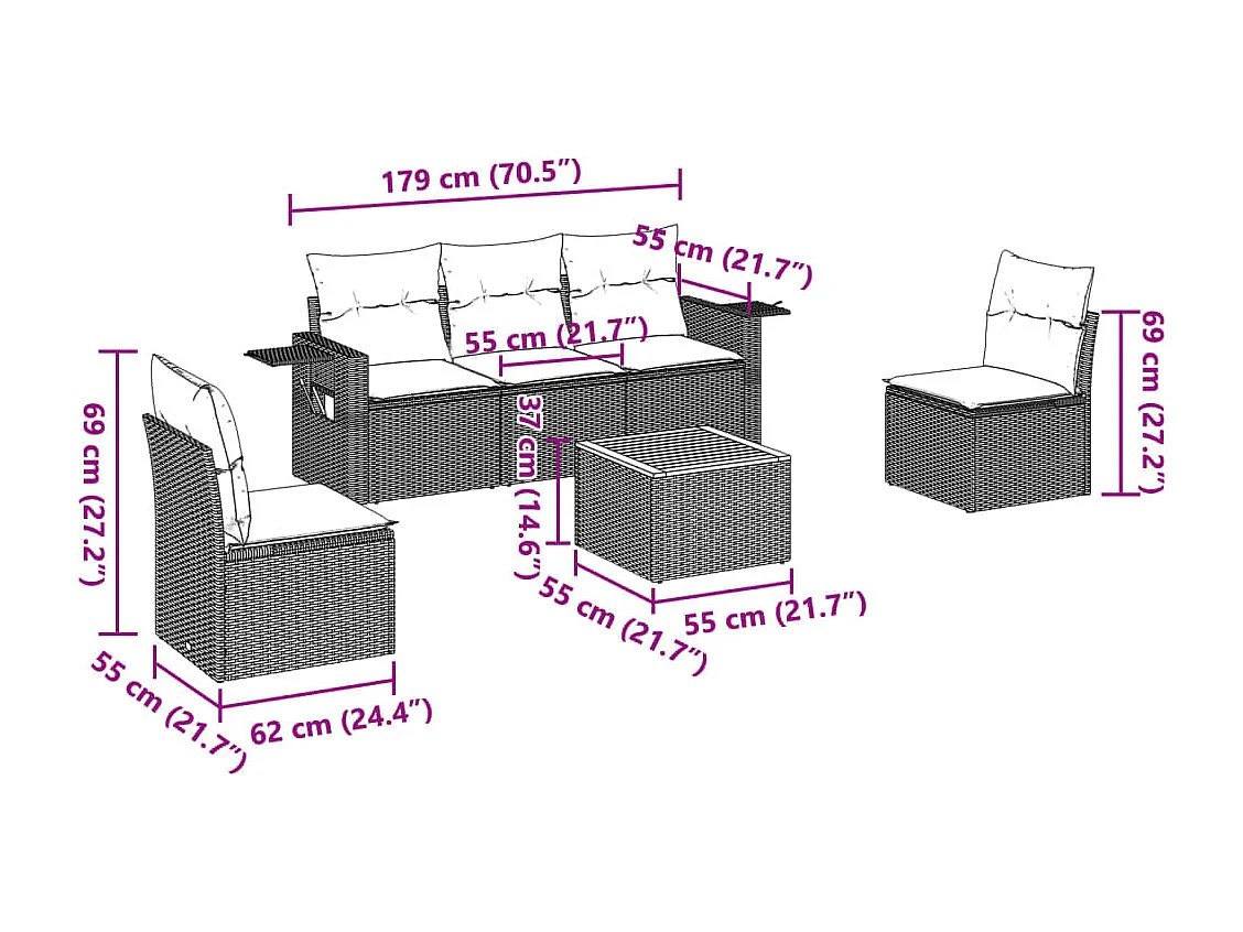 Salon de jardin 6 pcs avec coussins gris résine tressée