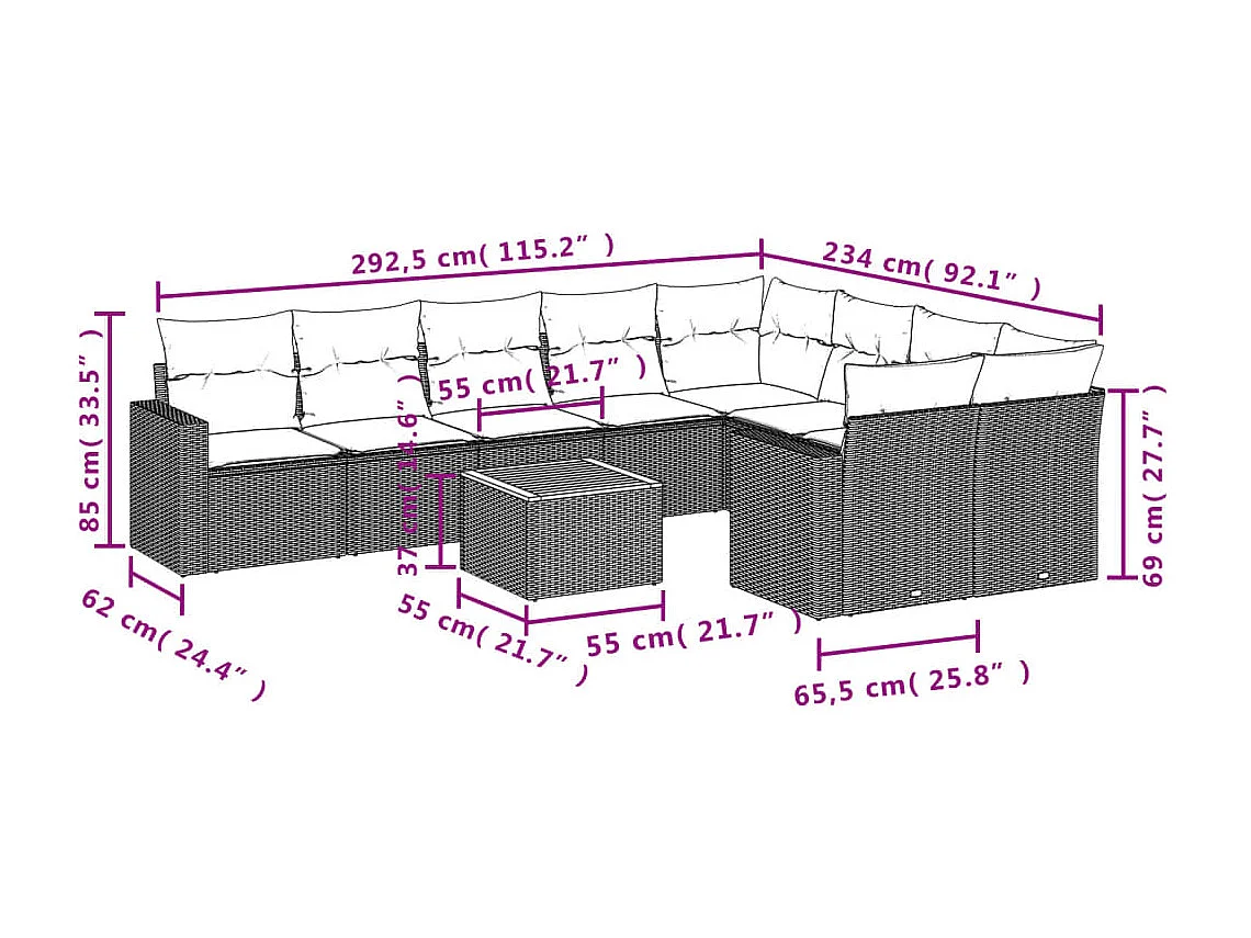 Tuinmeubelen 10 stuks met zwart geweven harskussens