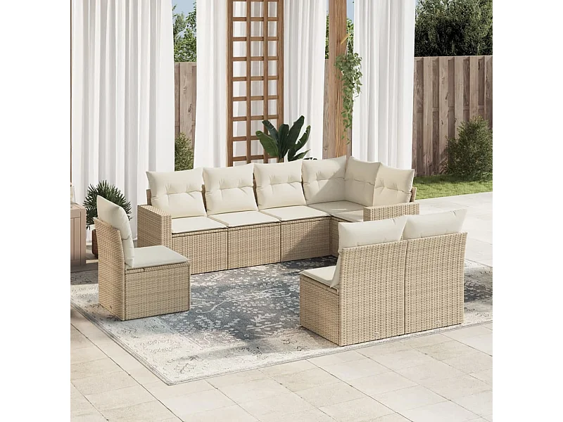 Salon de jardin avec coussins 8 pcs beige résine tressée