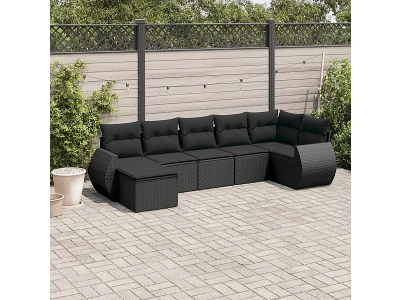 Salon de jardin 7 pcs avec coussins noir résine tressée