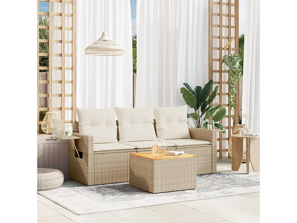 Mobile da giardino con cuscini 4 pz in resina intrecciata beige