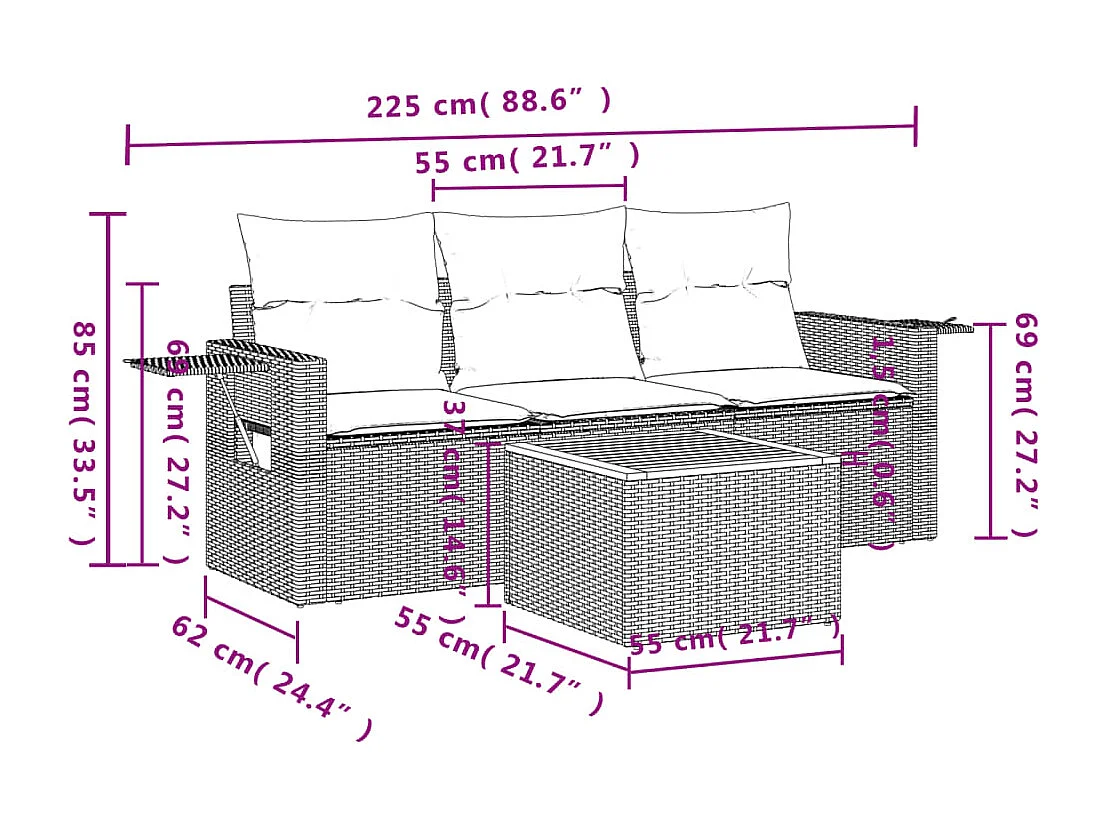 Mobile da giardino con cuscini 4 pz in resina intrecciata beige
