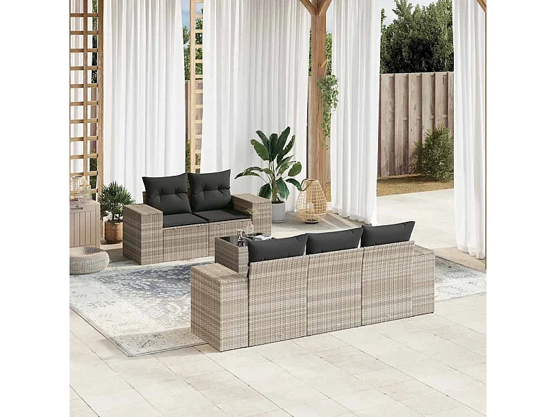 Salon de jardin 6 pcs avec coussins gris clair résine tressée