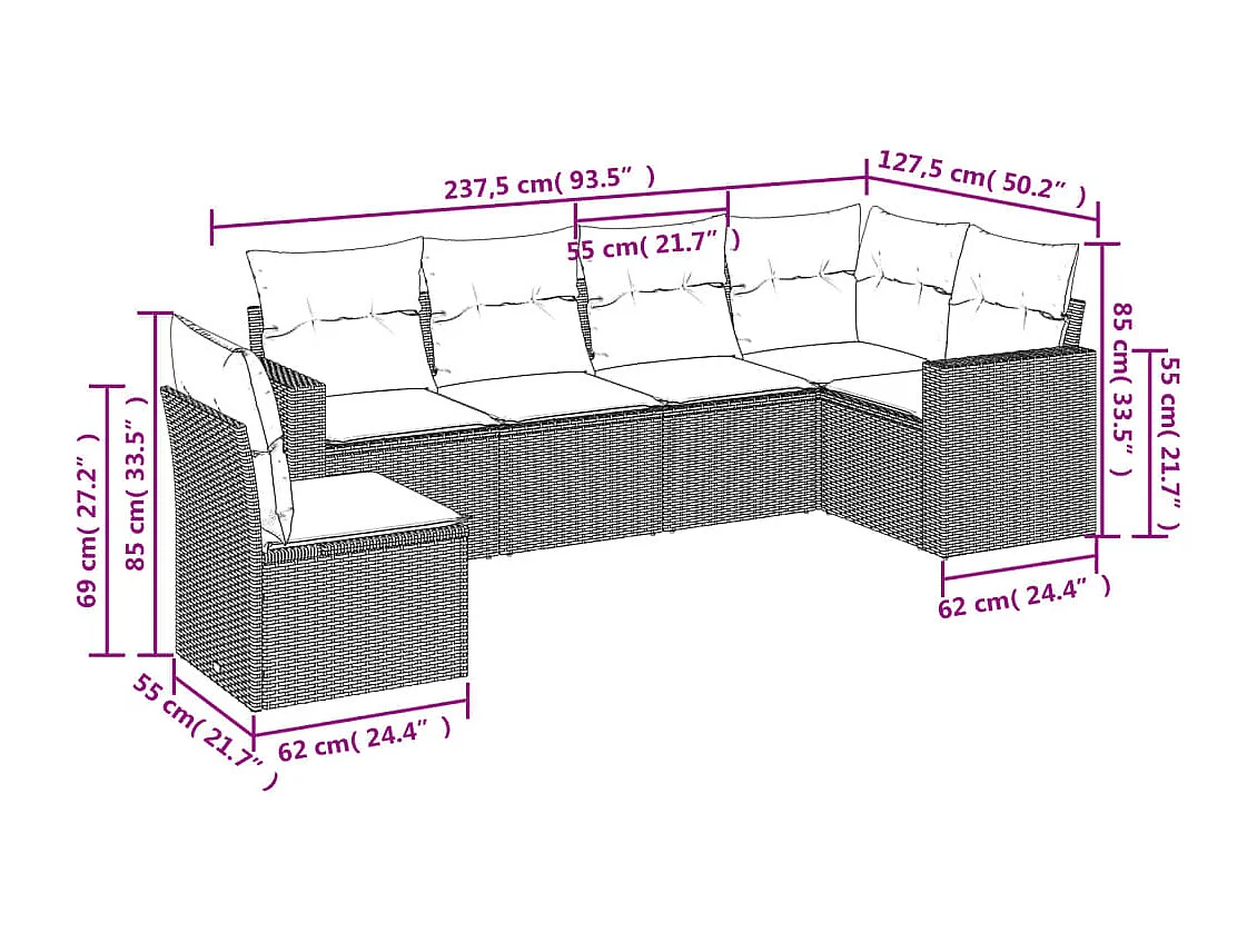 Muebles de jardín con cojines 6 piezas resina tejida marrón