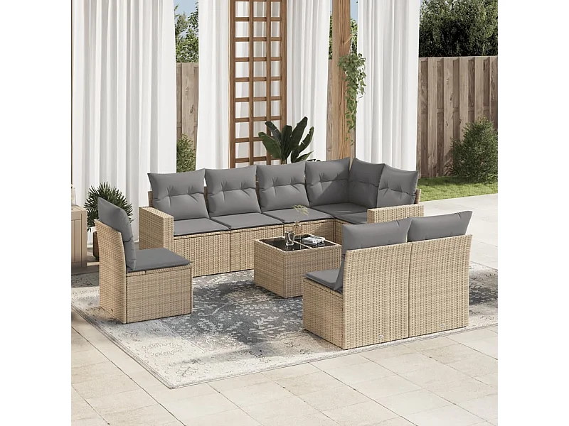 Salon de jardin avec coussins 9 pcs beige résine tressée