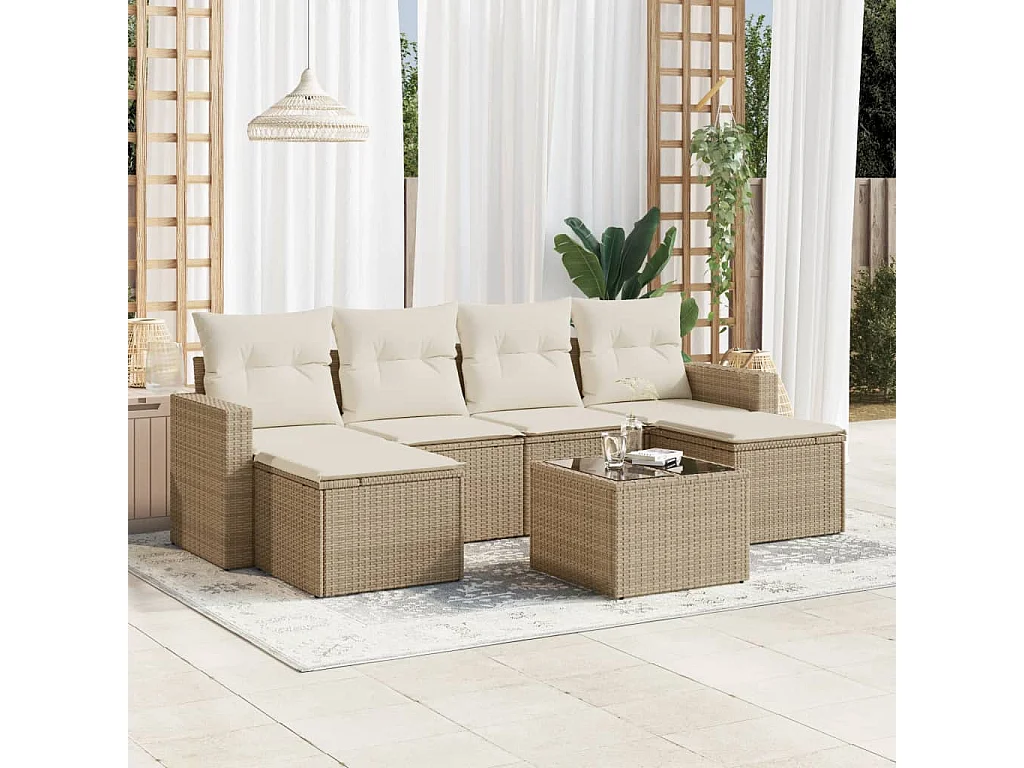 Mobile da giardino con cuscini 7 pz in resina intrecciata beige