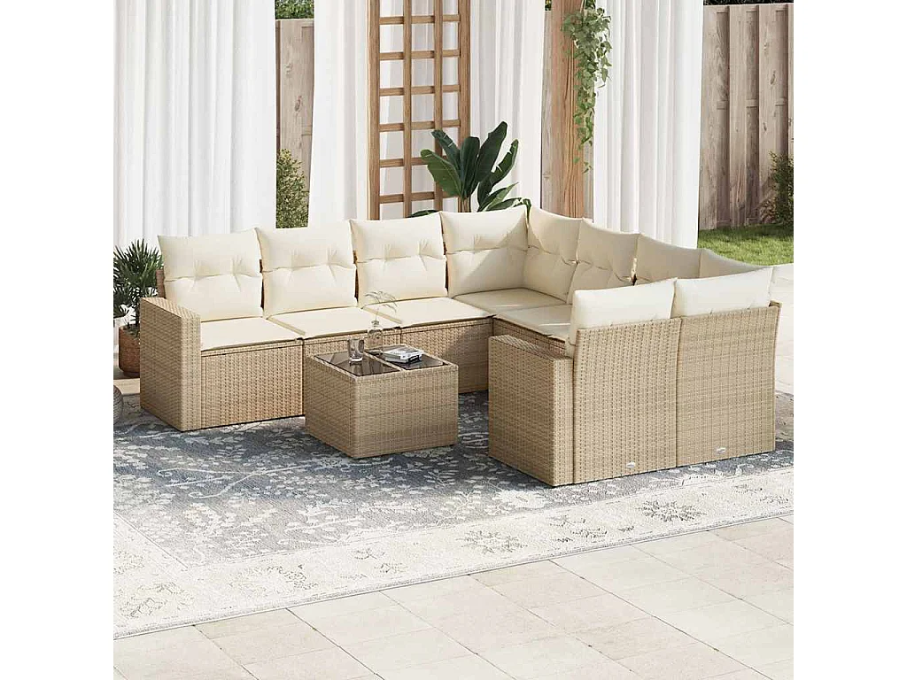 Salon de jardin avec coussins 9 pcs beige résine tressée