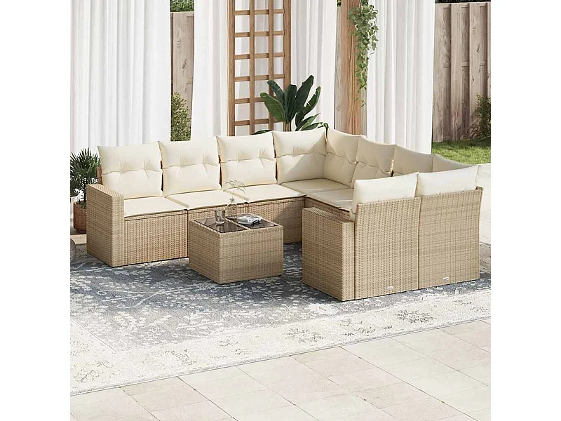 Salon de jardin avec coussins 9 pcs beige résine tressée