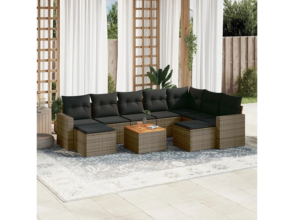 Muebles de jardín con cojines 10 piezas resina tejida gris.