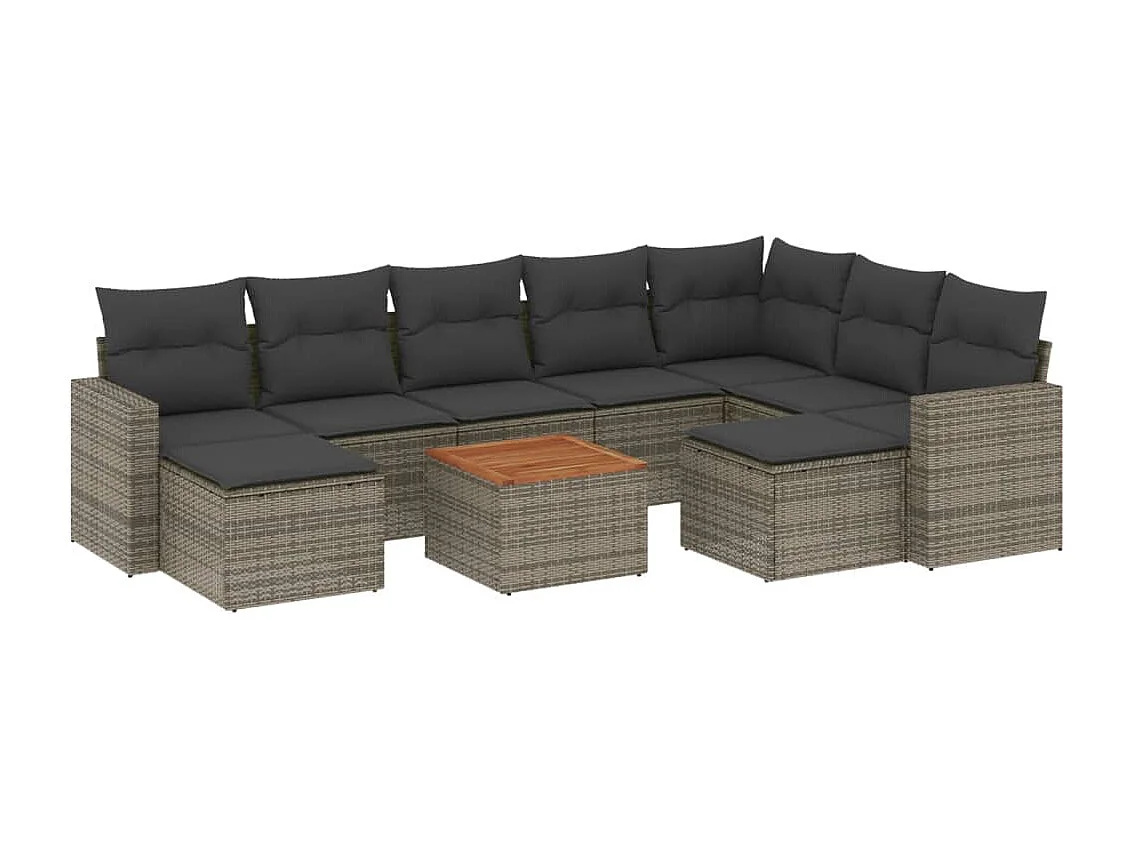 Muebles de jardín con cojines 10 piezas resina tejida gris.