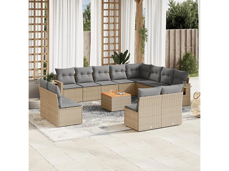 Salon de jardin avec coussins 13 pcs beige résine tressée