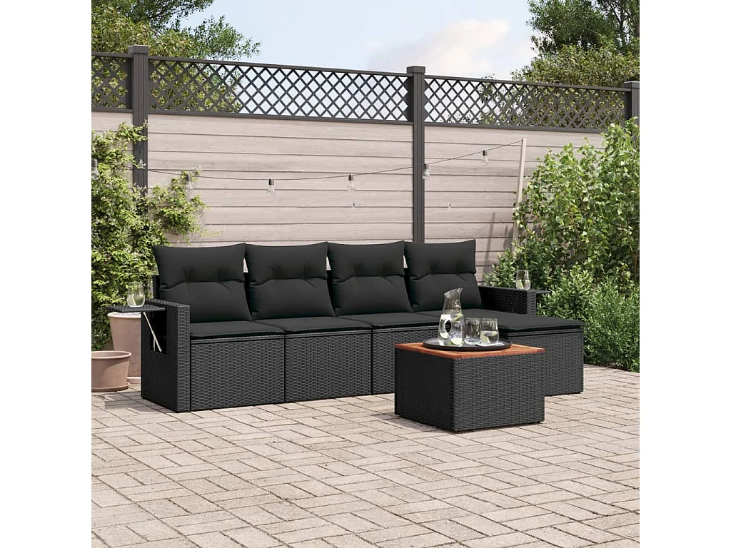 Mobili da giardino 6 pezzi con cuscini in resina intrecciata nera