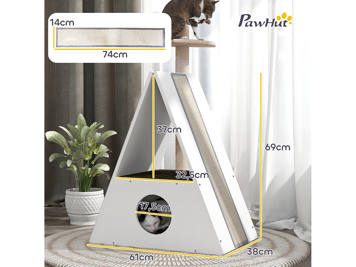 Niche chat design - maison pour chat - 2 tapis, 2 grattoirs sisal - blanc beige