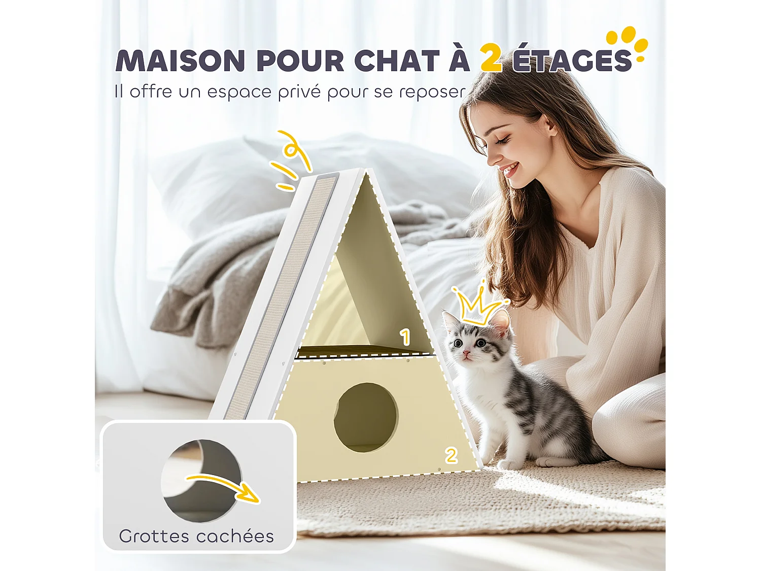 Niche chat design - maison pour chat - 2 tapis, 2 grattoirs sisal - blanc beige