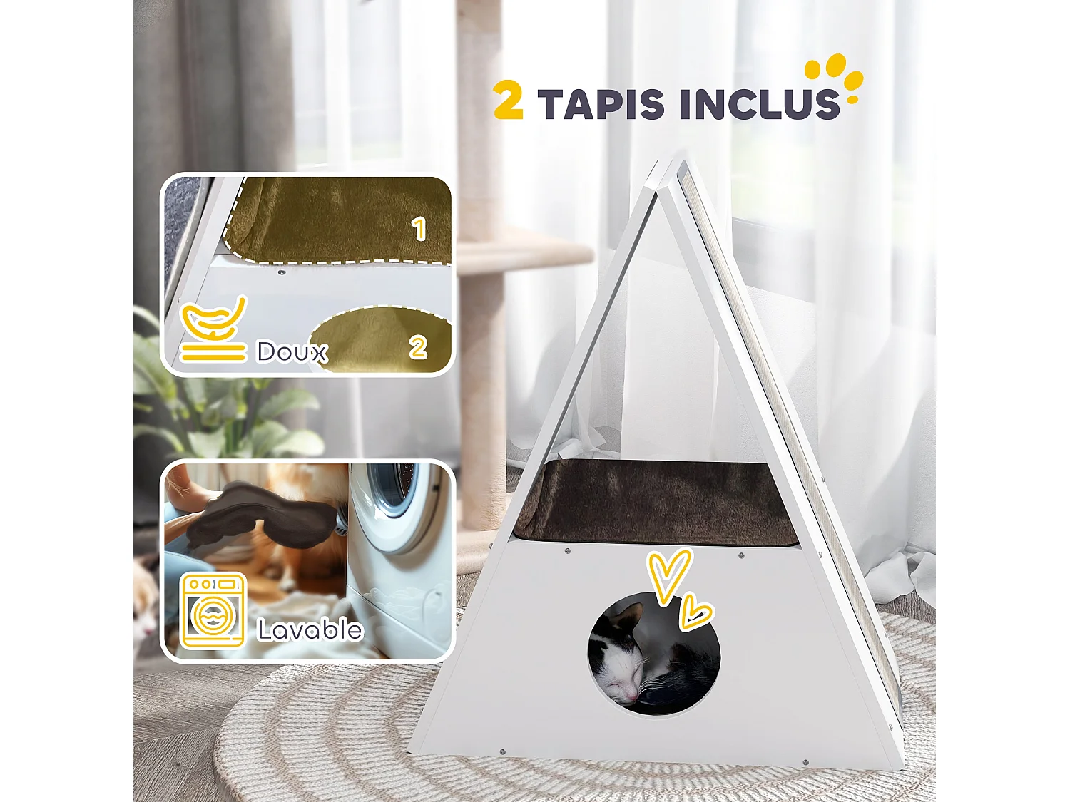 Niche chat design - maison pour chat - 2 tapis, 2 grattoirs sisal - blanc beige