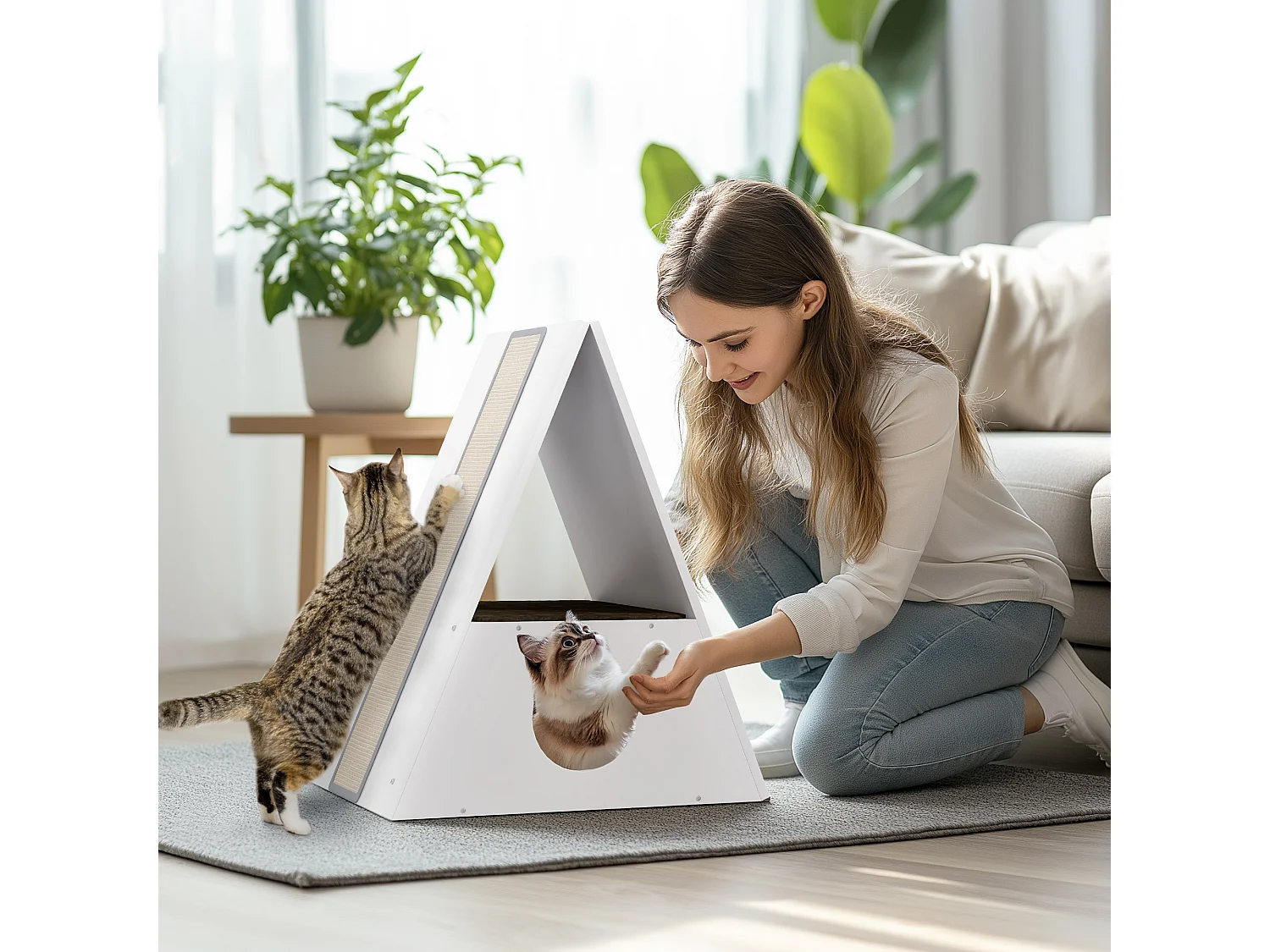 Niche chat design - maison pour chat - 2 tapis, 2 grattoirs sisal - blanc beige