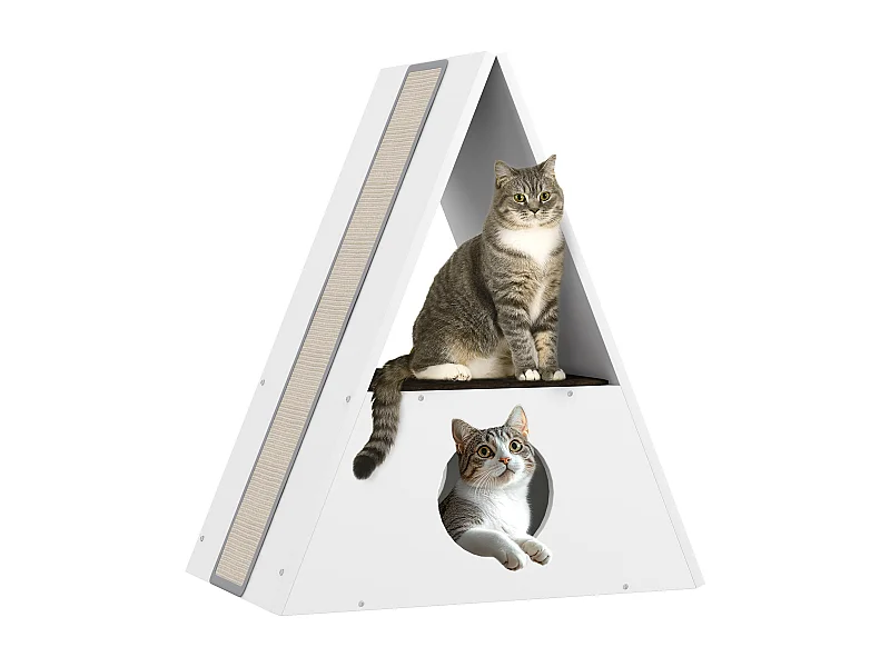 Niche chat design - maison pour chat - 2 tapis, 2 grattoirs sisal - blanc beige