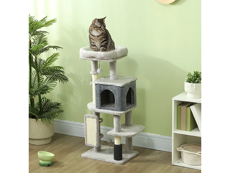 Arbre à chat H.104 cm - griffoir, grattoir, bande massante, jeux boules, niche, plateforme observation - gris