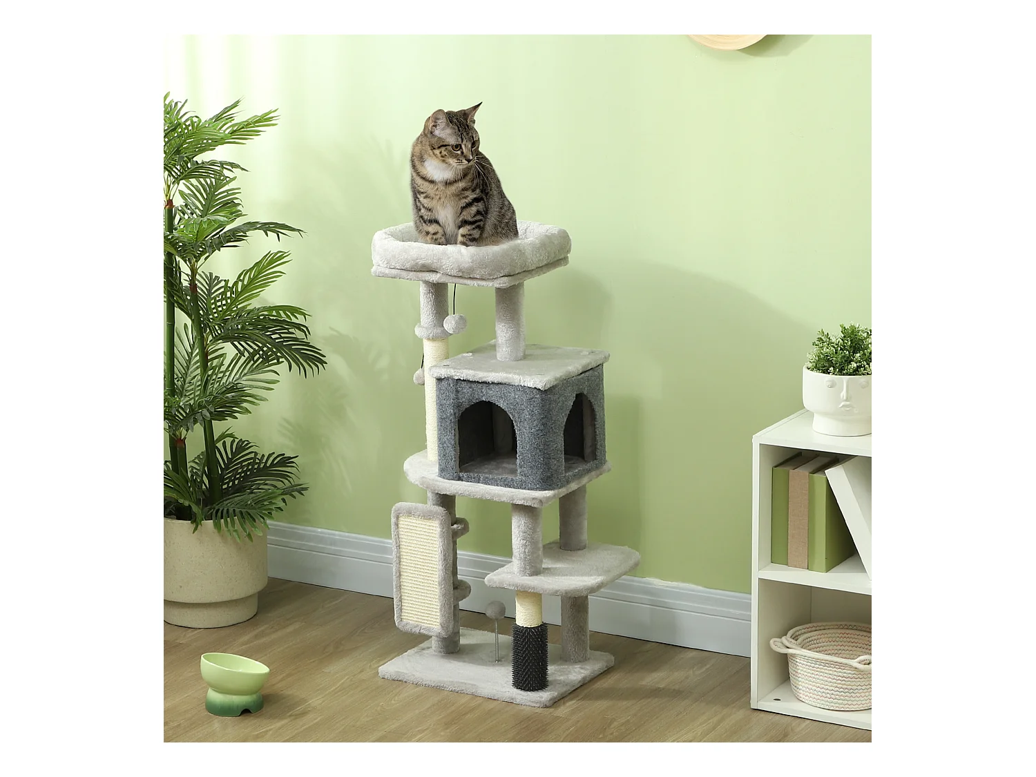 Arbre à chat H.104 cm - griffoir, grattoir, bande massante, jeux boules, niche, plateforme observation - gris