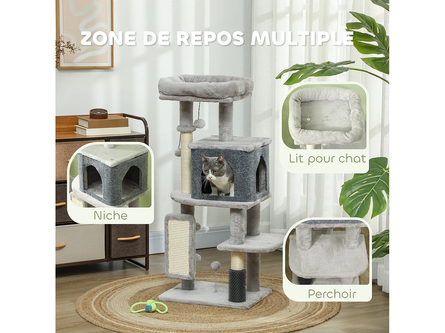 Arbre à chat H.104 cm - griffoir, grattoir, bande massante, jeux boules, niche, plateforme observation - gris