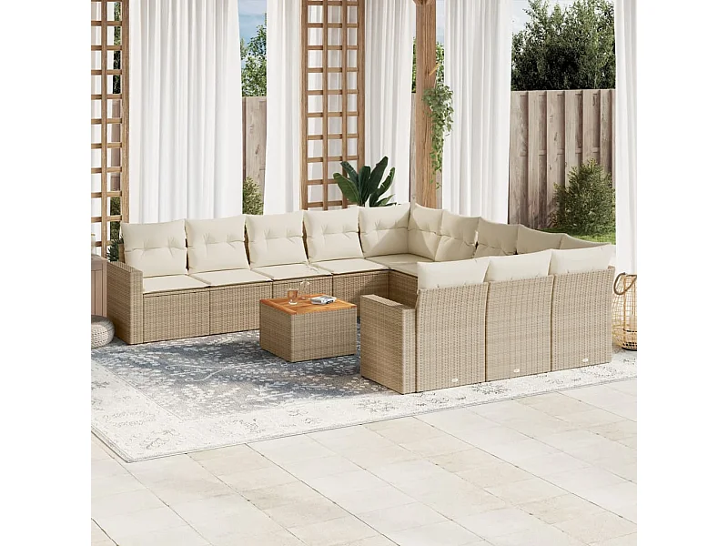 Salon de jardin avec coussins 12 pcs beige résine tressée
